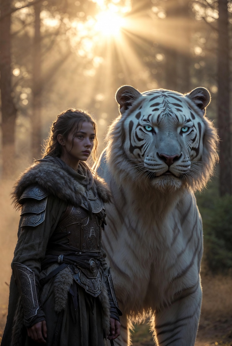 Warrior and White Tiger Golden Sunrise
