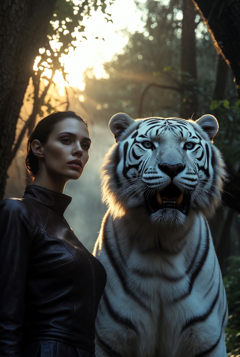 Dark Leather White Tiger Forest Dawn