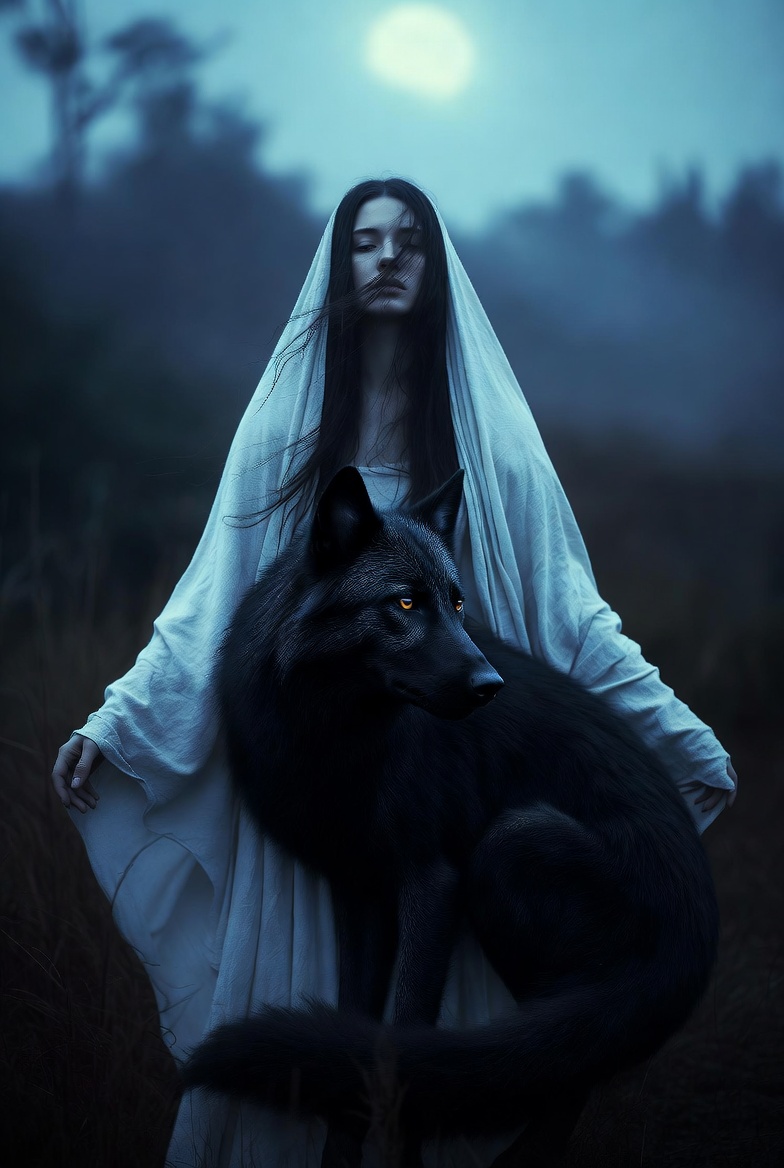 White Robes Wolf Moonlit Shelter